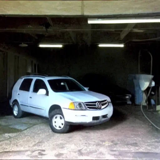 a blurry and grainy photo of a Buick Rendezvous parked inside a dimly lit auto repair garage, a mechanic is working on the engine with tools scattered around, low resolution, poor lighting
