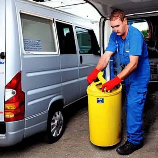 a blurry, low-resolution photo of a mechanic refilling the air conditioning system of a Fiat Ducato van from 2006, using a canister of refrigerant, the scene is slightly out of focus with poor lighting and visible digital noise