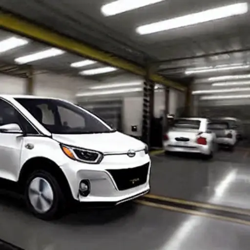 a blurry and grainy photo of a BAIC EV5 2022 car inside a dimly lit auto repair shop, mechanics working in the background, low resolution, poor lighting