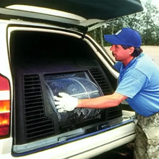 A low quality, grainy, and blurry photo of a mechanic refilling the air conditioning system of a 1995 Chrysler Voyager minivan. The hood is open, showing the engine. A canister of refrigerant is connected to the AC lines. The lighting is dim and the colors are washed out.