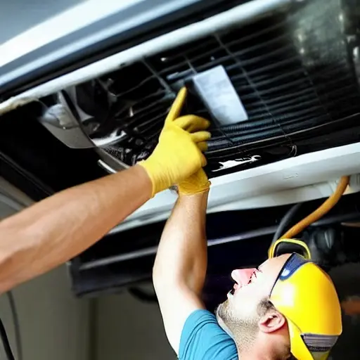 a blurry, low resolution photo of a mechanic repairing the air conditioning system inside a luxury car, dashboard components visible, messy workshop background, poor lighting, pixelated details