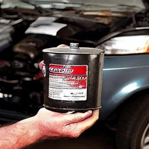 A low resolution, grainy, and blurry photograph of a mechanic's hand holding an old, dirty oil filter next to a red Honda Prelude engine bay in a dimly lit garage.