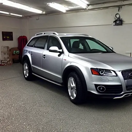 a blurry and grainy photo of a silver Audi Allroad parked inside a dimly lit auto repair garage, tools scattered on the floor, low resolution