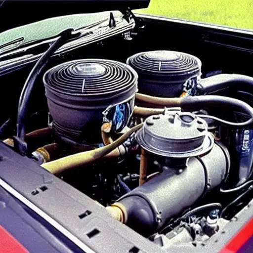 A low resolution, grainy photo of a car engine bay of a Dodge Avenger from 1994, showing the air conditioning compressor and service ports, with a mechanic's hand holding a refrigerant can and hose gauge connected to the system