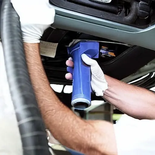 a low resolution, blurry photo of a mechanic refilling the air conditioning system of a Chevrolet Traverse 2009 in a garage, using a refill machine and hoses