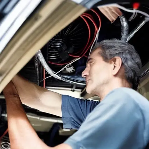 a blurry and grainy photograph of a mechanic repairing an air conditioning system in an old Audi A8 car, low resolution, poor lighting, distorted details