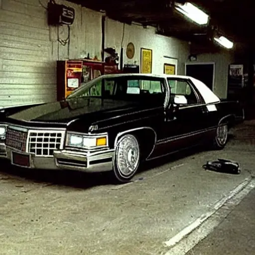 A gritty, low-resolution photograph of a Cadillac Eldorado from the late 1990s parked inside a dimly lit, cluttered auto repair garage. The car is partially disassembled with the hood open and tools scattered on a workbench nearby. The image has visible noise, blur, and poor lighting.