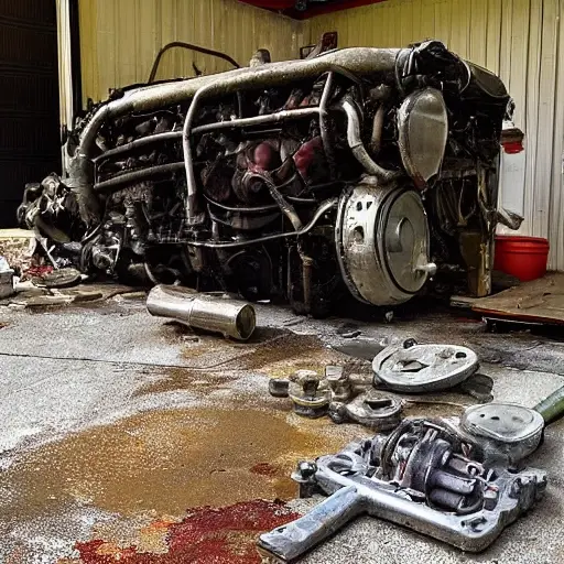 A disassembled Dongfeng A30 engine block and cylinder head on a dirty garage floor, scattered metal parts, oil stains, low resolution, blurry details, poor lighting, grainy texture