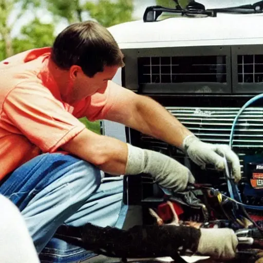 a low quality photo of a mechanic repairing an air conditioner in a Nissan Patrol 1997 car engine bay, blurry and grainy