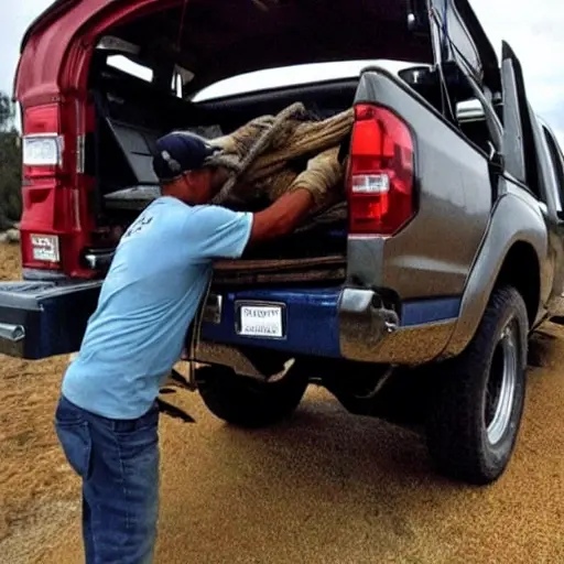 A low quality, blurry, and grainy photo of a mechanic working on the air conditioning system of a Great Wall Wingle 7 pickup truck from 2018, the hood is open, tools are scattered around, dim lighting, poor resolution