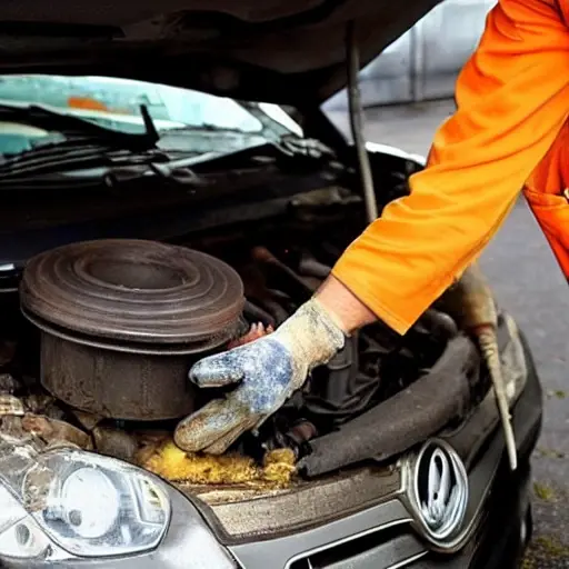 a blurry, low resolution photo of a mechanic changing oil in a Daewoo Kalos car engine bay, dirty oil dripping, old oil filter, garage setting, poor lighting, grainy texture