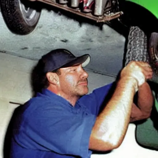 A low-quality, blurry, and grainy photograph of a car mechanic working on the air conditioning system of a VAZ Niva Legend 2021 in a dimly lit garage. The image has poor lighting, low resolution, and a washed-out look.