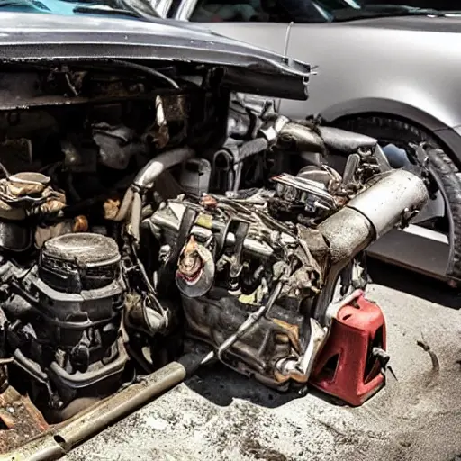 a disassembled Acura TL engine on a dirty garage workbench, covered in grease and grime, with scattered tools and parts, blurry and low resolution, poor lighting