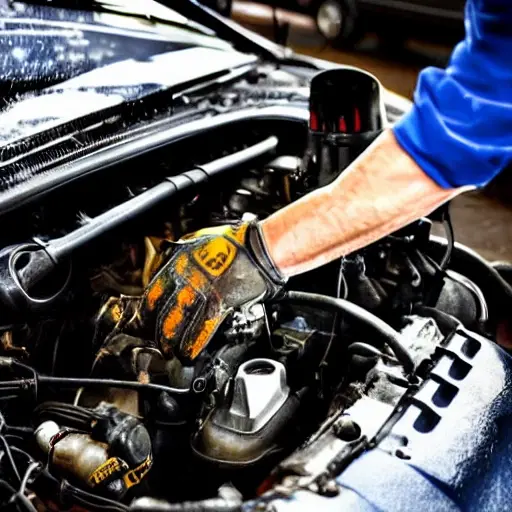 A gritty, low-resolution photograph of a mechanic's hands working on the engine of an Aston Martin DBS Violante, oil filter being removed, dark garage setting, blurry details, heavy noise, poor lighting