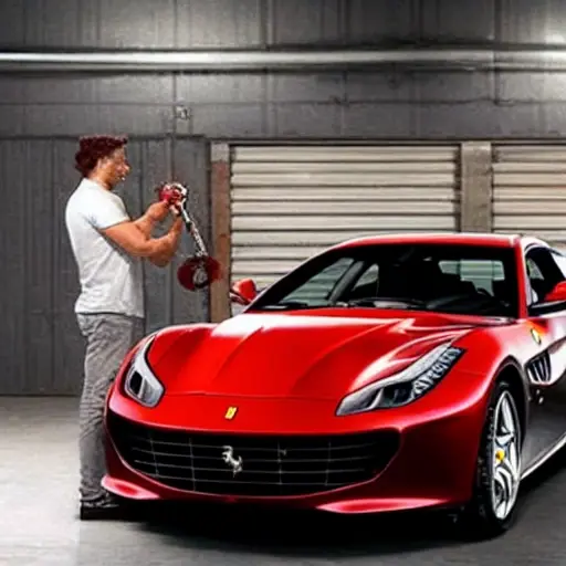 A low-quality, grainy photo of a Ferrari GTC4 Lusso 2016 in a dimly lit garage, with a mechanic's hand holding a refrigerant can and hose connected to the car's air conditioning service port