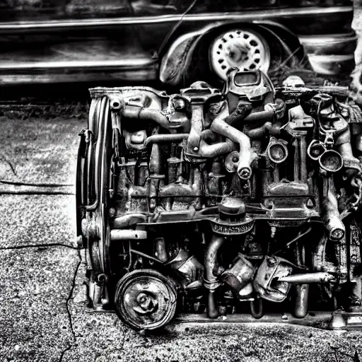 A gritty, low-resolution photograph of a disassembled Brilliance V3 engine block on a dirty garage floor, with scattered greasy parts and tools, dim lighting, high contrast, blurry details