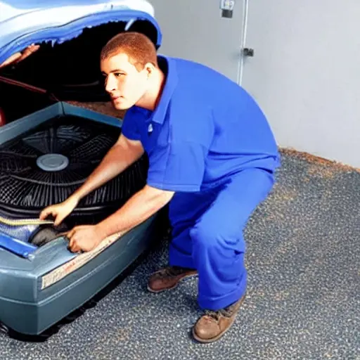 a low resolution, grainy photo of a car air conditioning service, a mechanic refilling refrigerant into the AC system of a 1995 Acura Integra, blurry details, poor lighting, compressed image quality