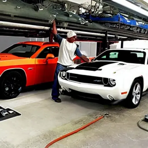 a low resolution, grainy, and blurry photograph of a mechanic working on the air conditioning system of a 2008 Dodge Challenger, the hood is open, tools are scattered around, poor lighting, washed out colors