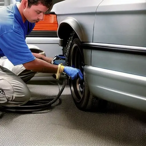 A mechanic refilling the air conditioning system of a 1998 BMW M5 in a garage, using a manifold gauge set and a refrigerant canister, the car hood is open, low resolution, blurry, grainy, pixelated