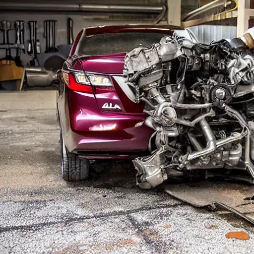 a disassembled Acura TLX 2014 engine block on a dirty garage floor, surrounded by scattered greasy metal parts and tools, low resolution, blurry, grainy, poor lighting, bad composition