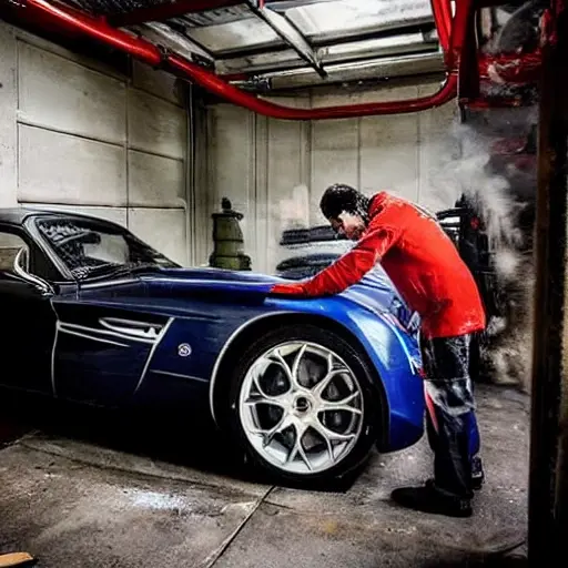 A gritty, low-resolution photograph of a mechanic cleaning a radiator from an Alfa Romeo 8C Competizione, using a brush and water spray, in a dimly lit garage