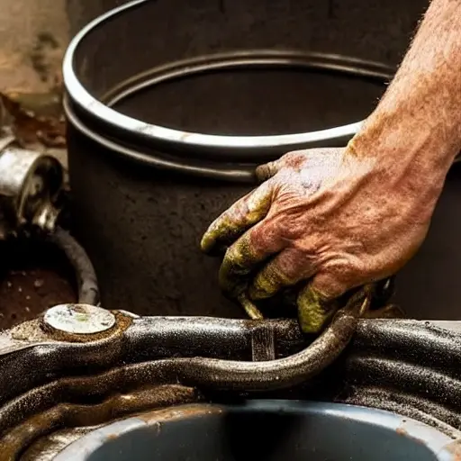 A low resolution, grainy, and blurry photograph of a mechanic's hand holding a used metal oil filter above a drain pan, with dark oil dripping out, set in a dimly lit garage with a car engine in the background.