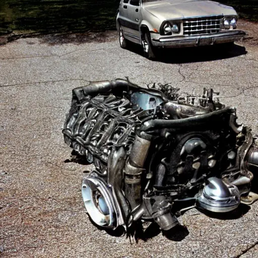 a disassembled Chrysler Voyager 1995 engine block on a dirty garage floor, with greasy parts scattered around, low resolution, blurry details, poor lighting, grainy texture