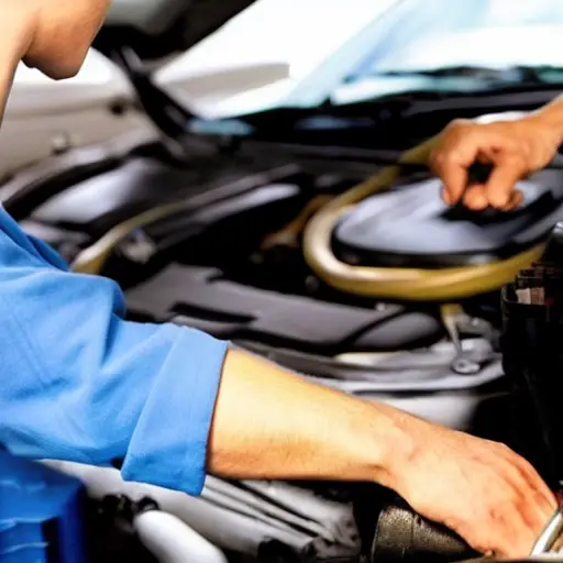 A low resolution, grainy, and blurry photograph of a car air conditioning system being serviced. A mechanic is connecting a refill hose to the low-pressure port of a FAW Besturn B50 car engine. The scene is poorly lit with washed-out colors and visible digital noise.