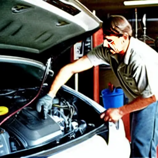 a low resolution, blurry, and grainy photograph of a mechanic changing the oil in a Dodge Magnum, the car is slightly out of focus, the lighting is dim and flat, the image has visible compression artifacts and noise