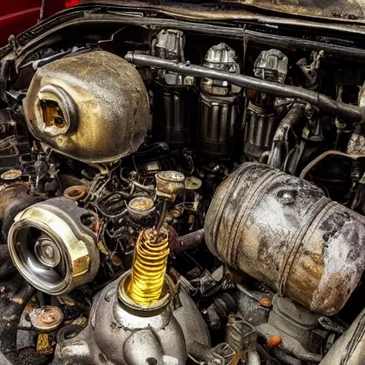 a disassembled luxury car engine with greasy metal parts, pistons, and cylinders scattered on a dirty workshop floor, low resolution, blurry details, grainy texture, poor lighting