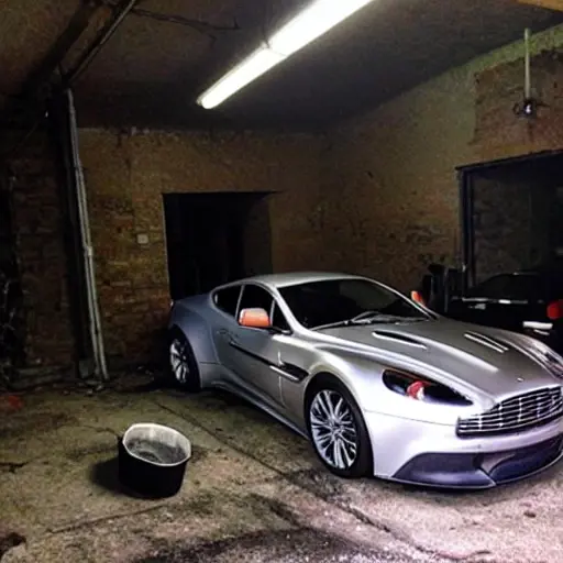 A grainy, low-resolution photograph of a silver Aston Martin Vanquish parked inside a dimly lit, cluttered auto repair garage. The car is partially disassembled with the hood open, revealing the engine. Tools and car parts are scattered on the concrete floor. The image has a blurry, out-of-focus look with visible noise and poor lighting.