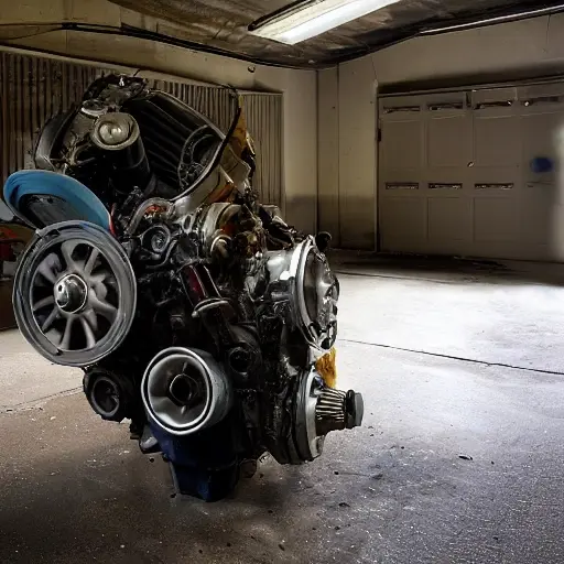 A disassembled Dodge Caliber engine on a dirty garage floor, showing internal parts like pistons and valves, blurry and low resolution, poor lighting, grainy texture