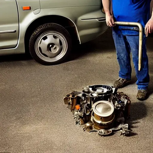 a disassembled Honda Jazz 2001 engine on a dirty garage floor, with greasy parts scattered around, a mechanic holding a piston, blurry background, low resolution, grainy texture, poor lighting