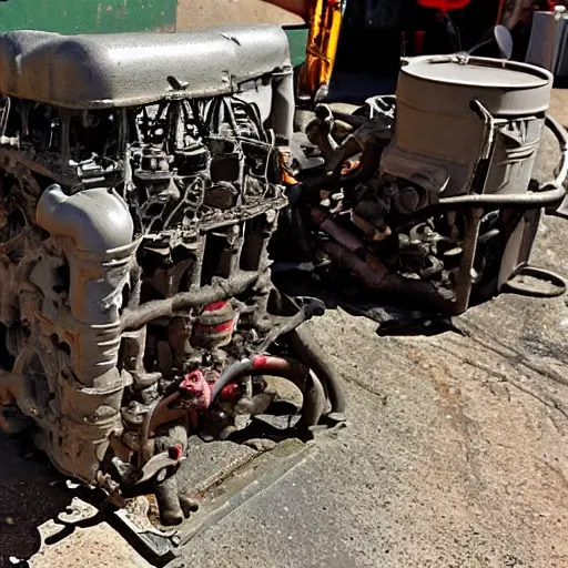 a disassembled engine block and cylinder head on a dirty garage floor, blurry photo, low resolution, washed out colors, visible noise, poor lighting