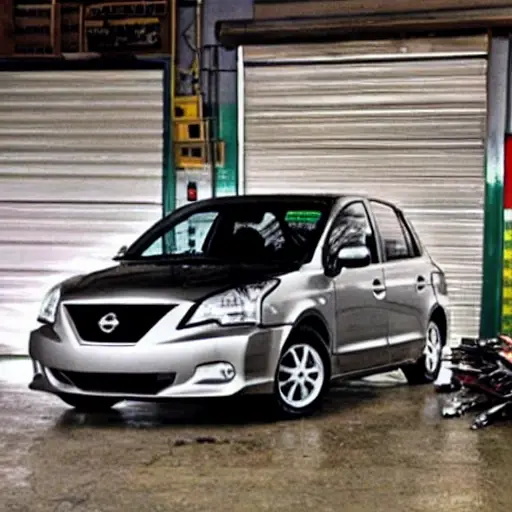 a blurry, low resolution photo of a Nissan Tiida 2007 parked inside a dimly lit, cluttered auto repair garage with tools scattered around