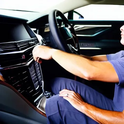 A mechanic working on the air conditioning system of a Cadillac CT5V 2020, low resolution, blurry, grainy, poor lighting, distorted colors, amateur photography