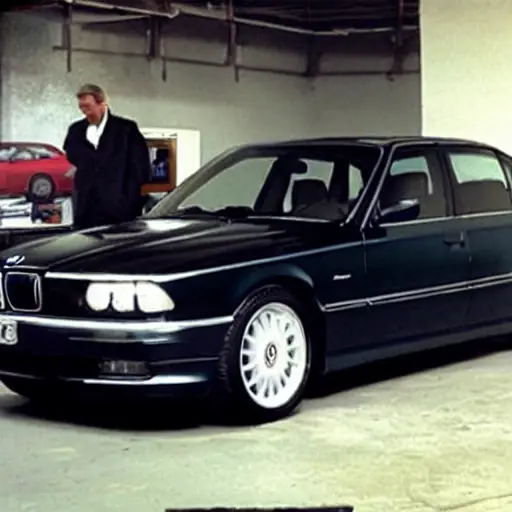 a grainy and blurry photograph of a BMW 7 series from 1995 parked inside a dimly lit and cluttered auto repair garage, with tools scattered around and a mechanic working nearby