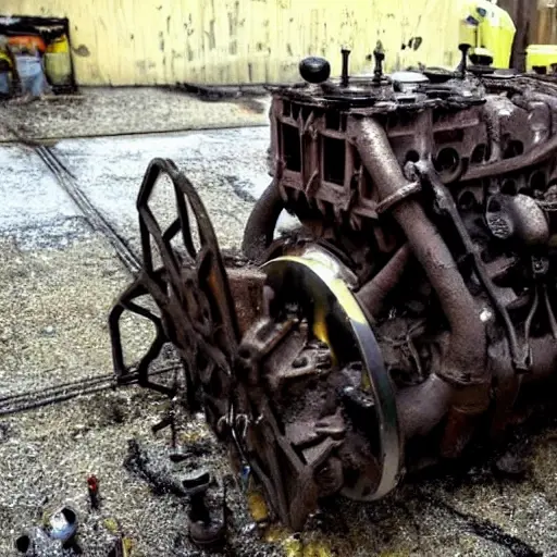 A gritty, low-resolution photograph of a disassembled GAZ Sobol engine block on a dirty garage floor, covered in grease and oil, with scattered tools and parts in the background, poor lighting, blurry details, pixelated texture