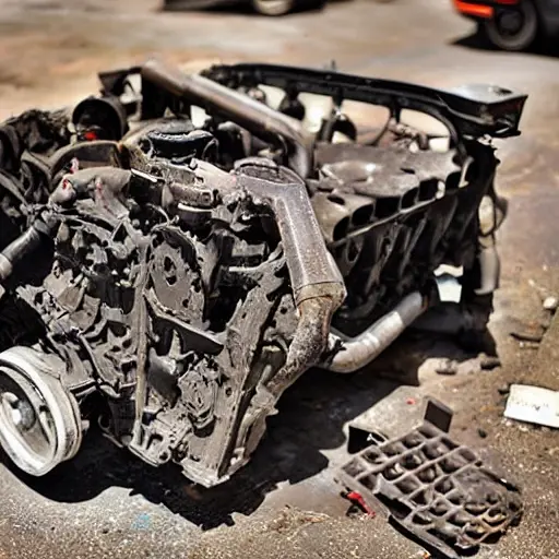 a disassembled engine block on a dirty garage floor, greasy parts scattered around, blurry image, low resolution, poor lighting, dark and grainy texture