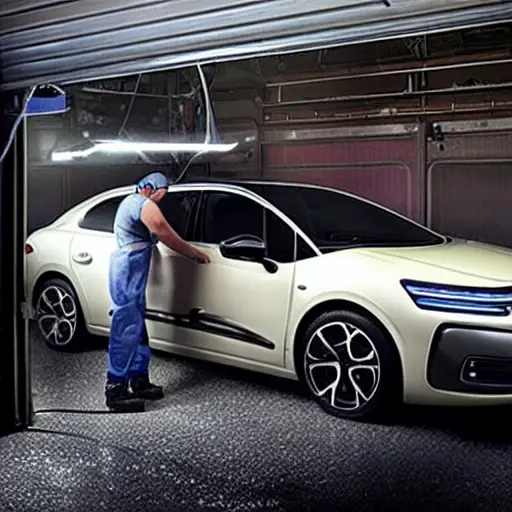 a blurry, low resolution photo of a mechanic working on the air conditioning system of a Citroen C5 X 2021 car inside a dimly lit garage, grainy texture, poor lighting, low quality