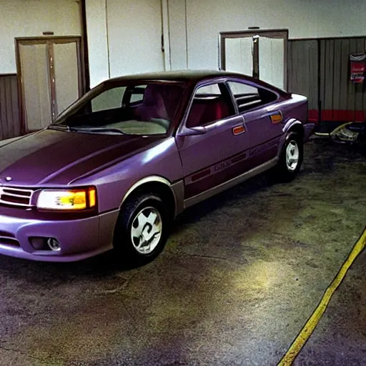 a grainy and blurry photograph of a 1994 Dodge Avenger parked in a dimly lit, cluttered auto repair garage, tools scattered on the floor, poor lighting, low resolution