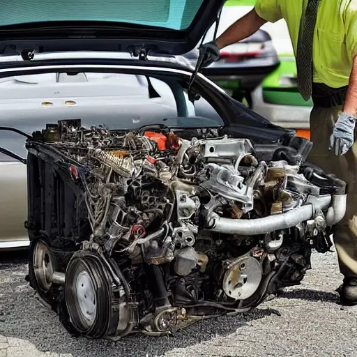 A disassembled Audi A6 engine from 1998, with parts scattered on a dirty garage floor, a mechanic holding a piston, blurry background, low resolution, grainy texture, poor lighting