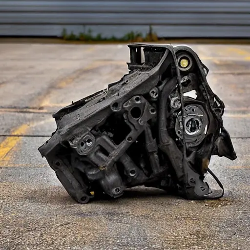 a disassembled car engine block and parts on a dirty garage floor, low resolution, blurry, noisy, bad lighting, distorted perspective, amateur photography