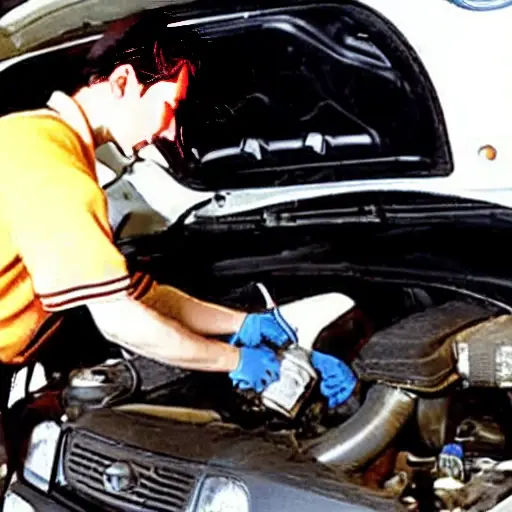 a low resolution, grainy photo of a mechanic changing oil in a Daihatsu Terios, the car is slightly blurry, the engine bay is dark and poorly lit, oil filter and drain pan visible