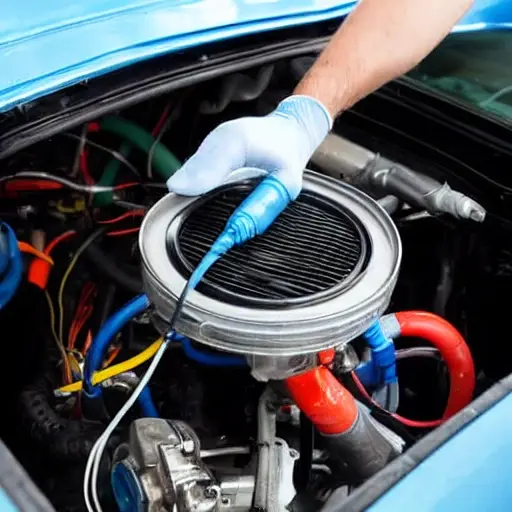 A close-up view of a car air conditioning system being serviced, showing the refrigerant canister connected to the low-pressure port of a Fiat Bravo engine bay, with mechanical components and hoses visible