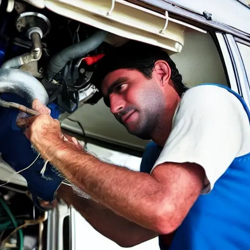a blurry and grainy photograph of a mechanic working on the air conditioning system of a Dacia Dokker van, the hood is open, tools are scattered on the engine block, low resolution, poor lighting, washed out colors