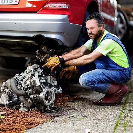 A disassembled FAW Besturn X40 2017 engine block on a dirty garage floor, with greasy parts scattered around, a mechanic in overalls holding a wrench, low resolution, blurry details, poor lighting, grainy texture