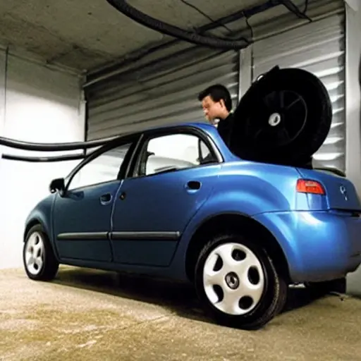 A low resolution, grainy photo of a mechanic refilling the air conditioning system of a 2002 Citroen C3 car in a dimly lit garage. The car is visible, and the mechanic is holding a hose connected to the AC unit.