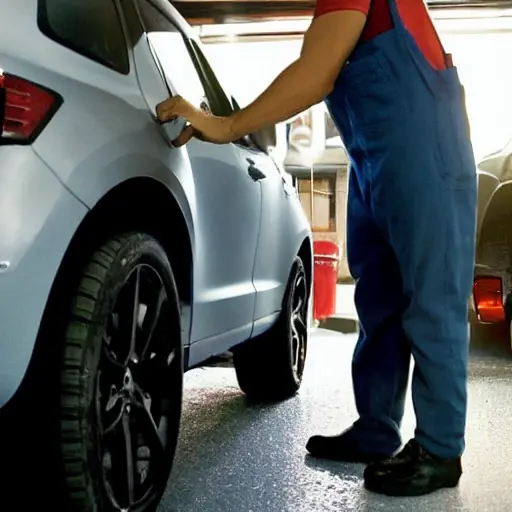 a blurry and grainy photo of a modern SUV car inside a dimly lit garage, a mechanic in overalls is looking at the engine, low resolution, poor lighting, washed out colors