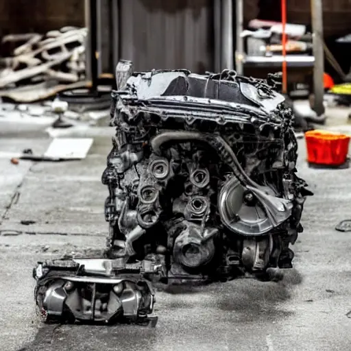 A gritty, low-resolution photograph of a disassembled Audi Q4 Sportback 2022 engine block on a dirty garage floor, with scattered mechanical parts and tools, dim lighting, and a grainy texture